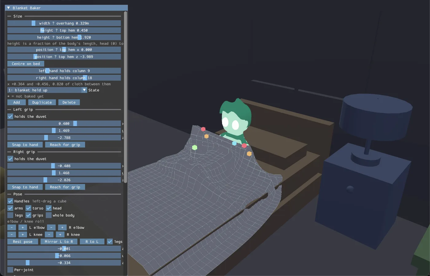 The blanket baker tool, showing the boy sitting up in bed holding the duvet with its simulated cloth grid