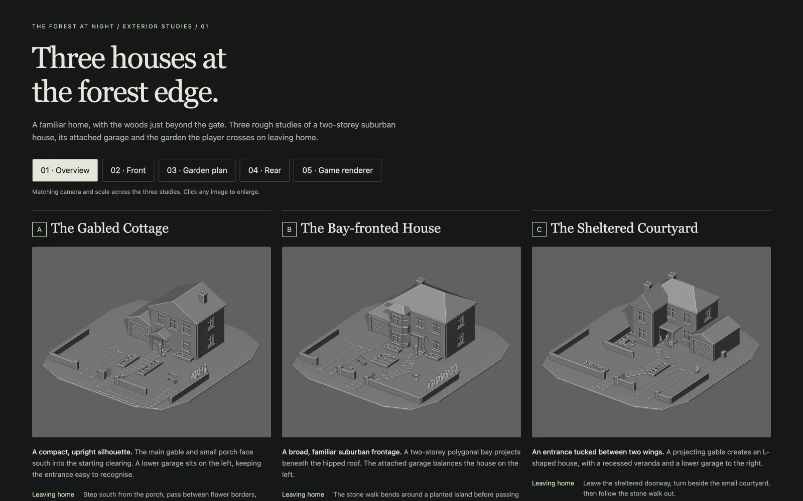 A web page comparing three house designs: a gabled cottage, a bay-fronted house and a sheltered courtyard