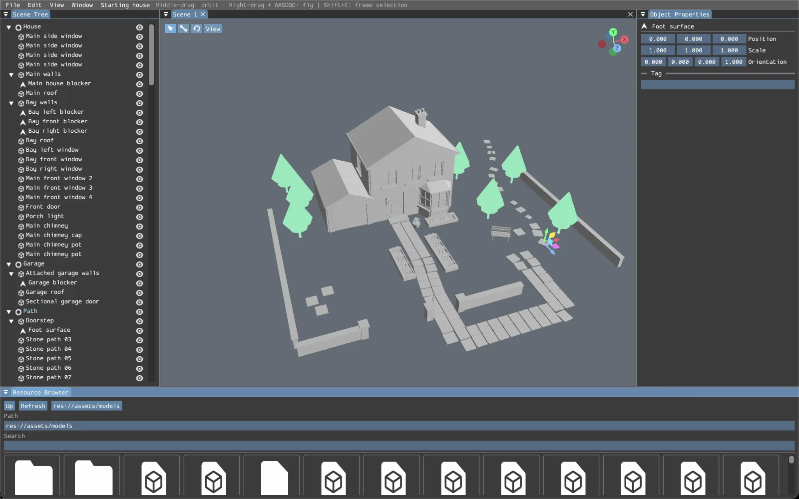 The level editor showing the house, garden walls, paving and trees, with a scene tree panel on the left