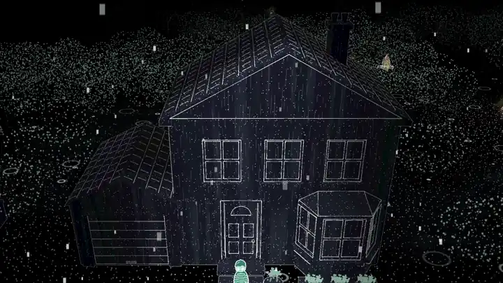 Rain running down the walls of the house in the dotted art style