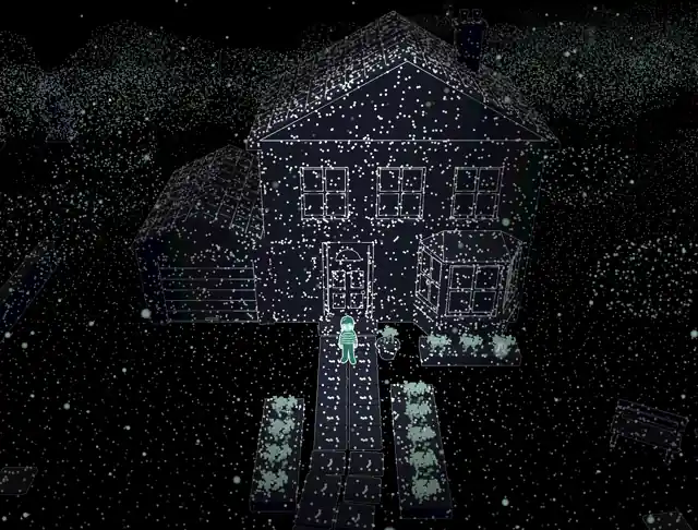 The boy standing on the garden path in front of the house at night