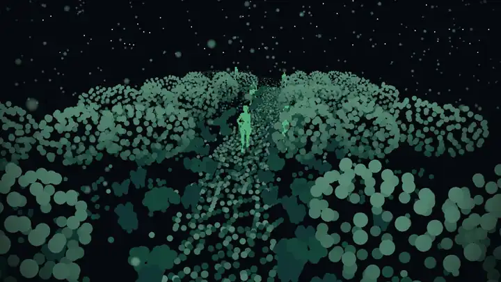 An early browser prototype of a character walking through a point cloud forest